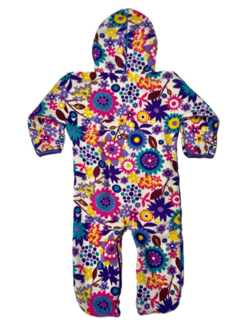 12 mo, Patagonia, Purple, Hooded floral fleece bunting, zips on legs, side, & front