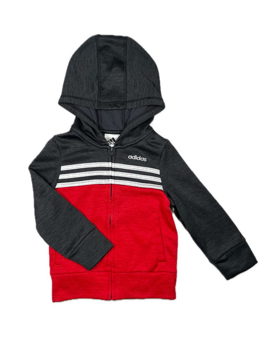 2/2T, Adidas, Black, Zip-up hoodie, red color block + white stripes, fleece-lined