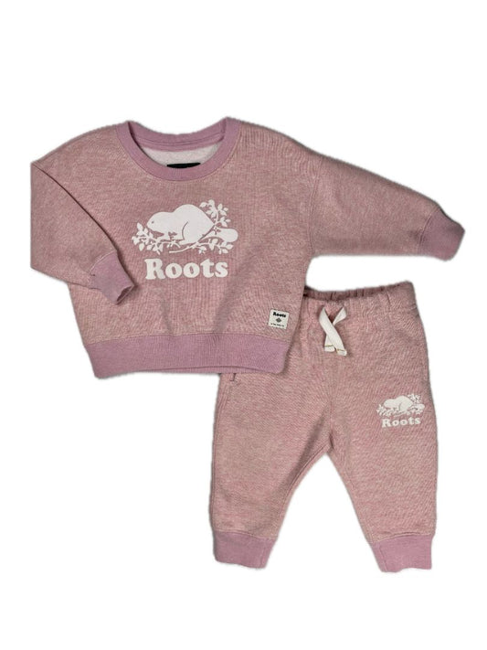 6-12 mo, Roots, Pink, Sparkle sweatshirt + pull-on sweatpants, decorative tie, fuzzy logo SET
