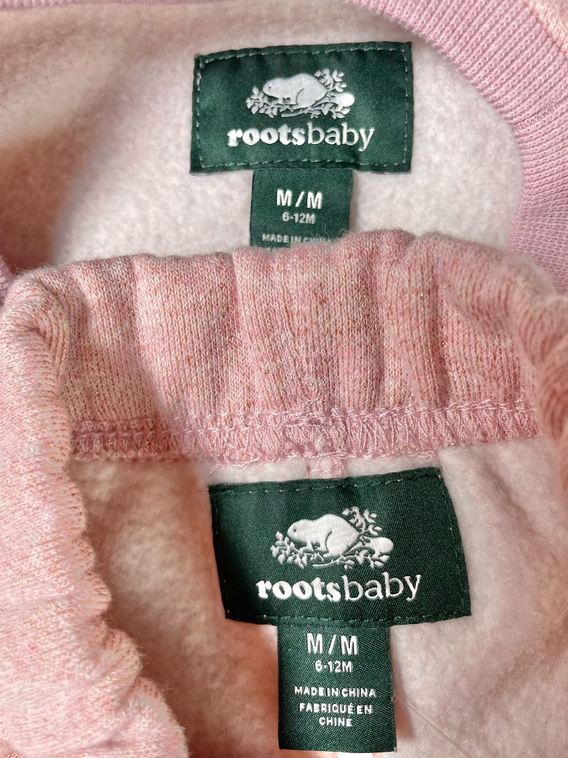 6-12 mo, Roots, Pink, Sparkle sweatshirt + pull-on sweatpants, decorative tie, fuzzy logo SET