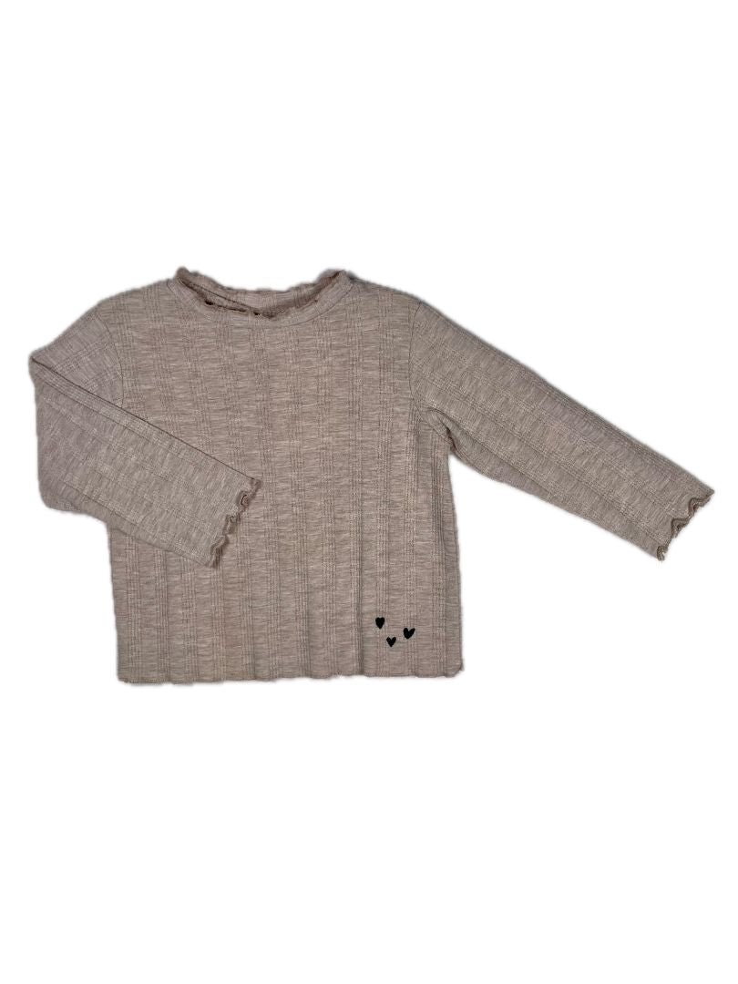 12-18 mo, Zara, Neutral, Textured long-sleeve shirt w/ ruffle edges & black embroidered hearts