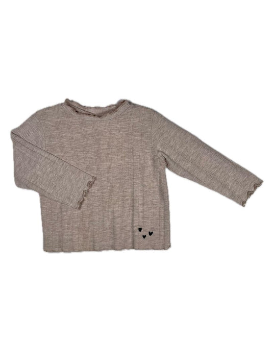 12-18 mo, Zara, Neutral, Textured long-sleeve shirt w/ ruffle edges & black embroidered hearts
