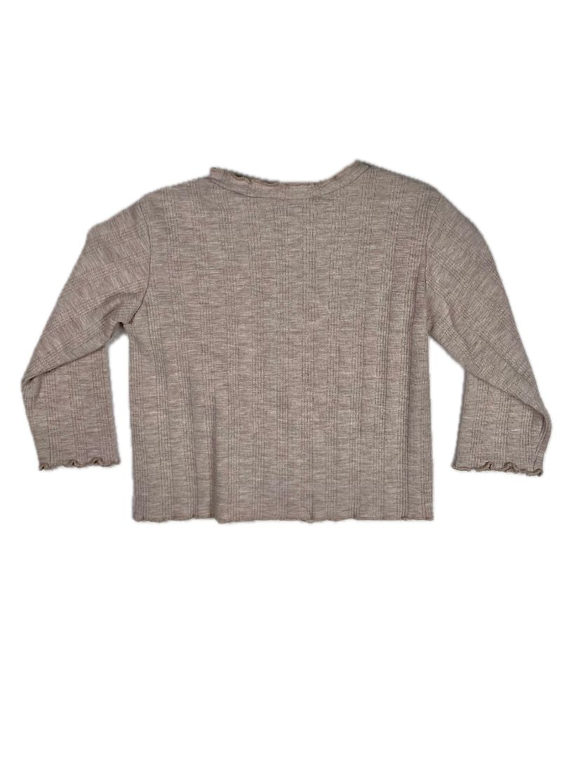 12-18 mo, Zara, Neutral, Textured long-sleeve shirt w/ ruffle edges & black embroidered hearts