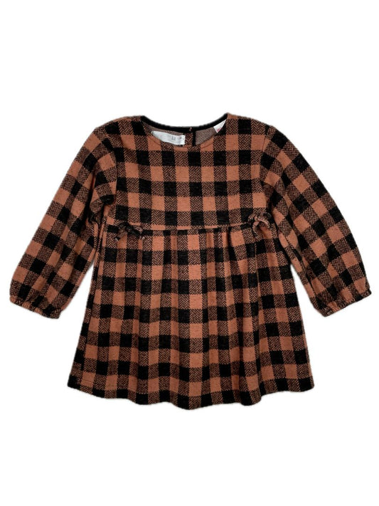 2-3, Zara, Brown, Black gingham cozy long-sleeve dress, bows at waist