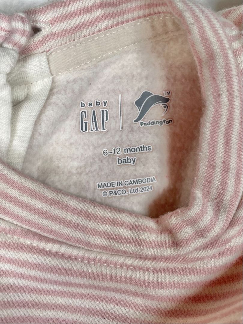 6-12 mo, babyGap, White, Pink striped Paddington fleece-lined coverall
