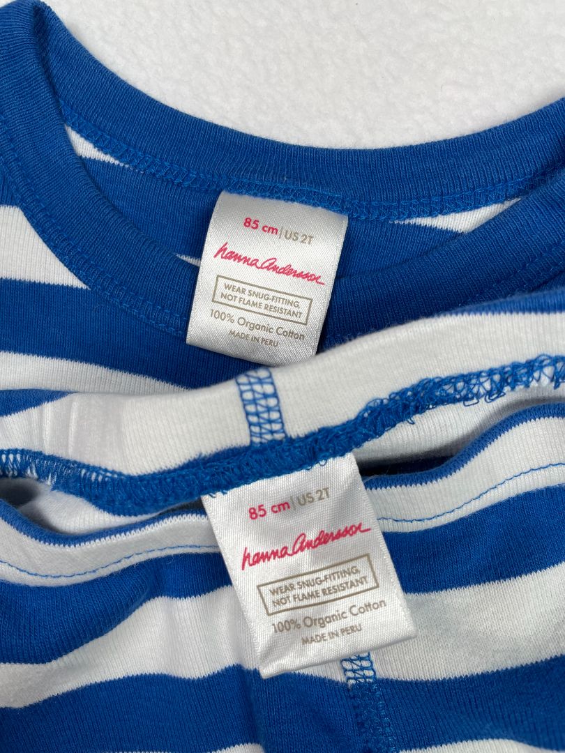 2/2T, Hanna Andersson, White, Blue-striped long-sleeve shirt + pants pajama SET