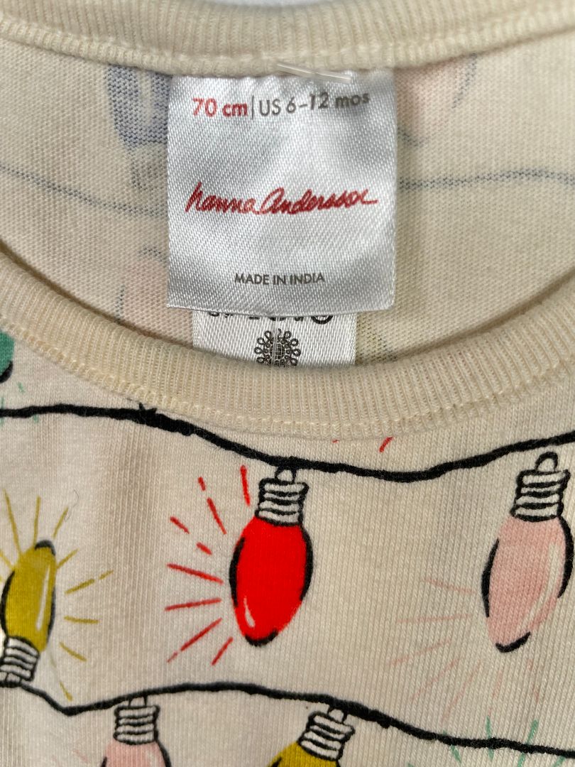 6-12 mo, Hanna Andersson, Cream, Christmas lights sleeveless coverall, snap legs