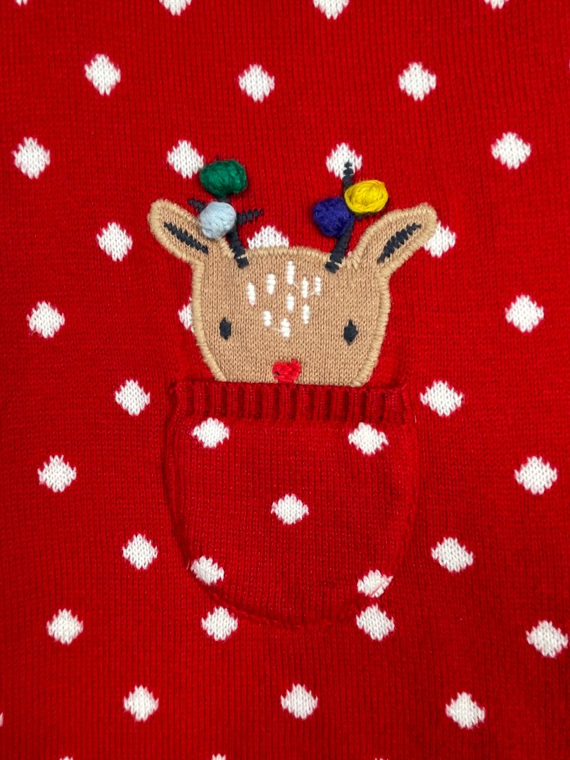 9-12 mo, John Lewis & Partners, Red, Fair Isle long-sleeve sweater dress, reindeer at pocket, dotted