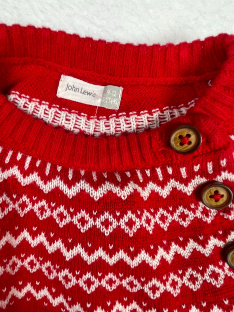 9-12 mo, John Lewis & Partners, Red, Fair Isle long-sleeve sweater dress, reindeer at pocket, dotted