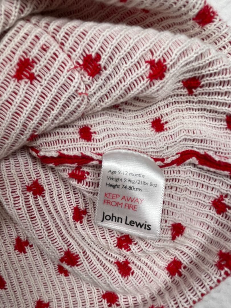 9-12 mo, John Lewis & Partners, Red, Fair Isle long-sleeve sweater dress, reindeer at pocket, dotted