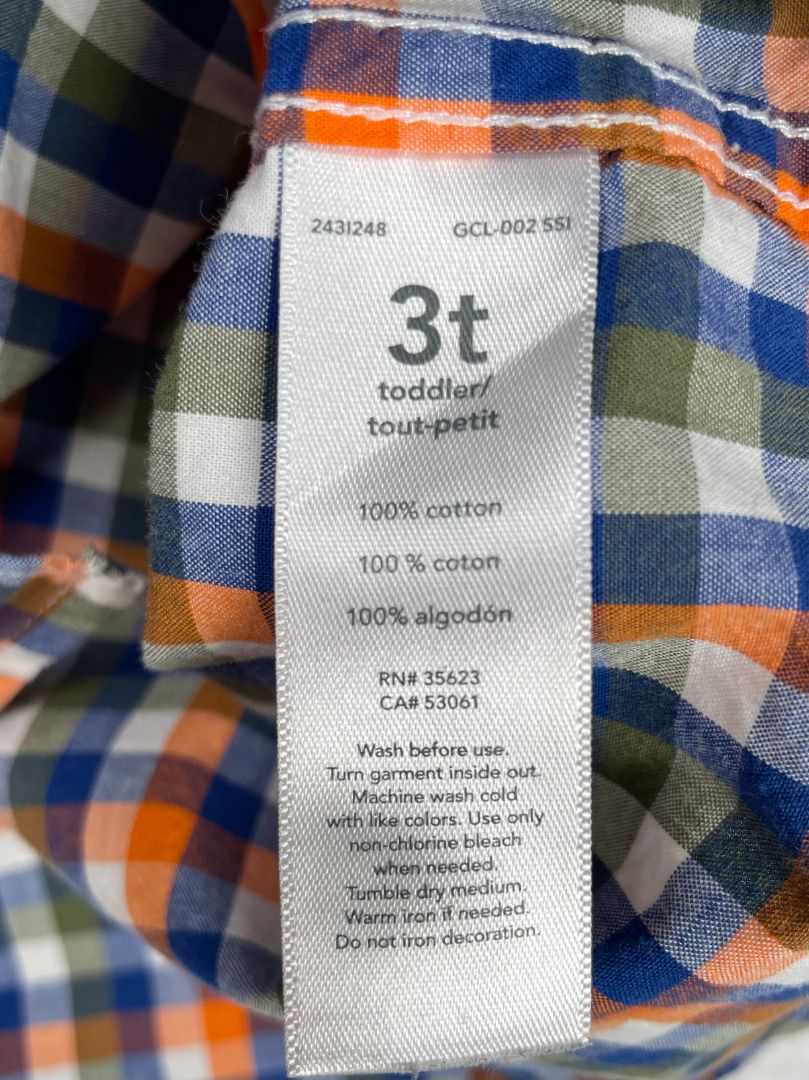 3/3T, Carter's, Orange, Blue/green/white gingham button-up shirt