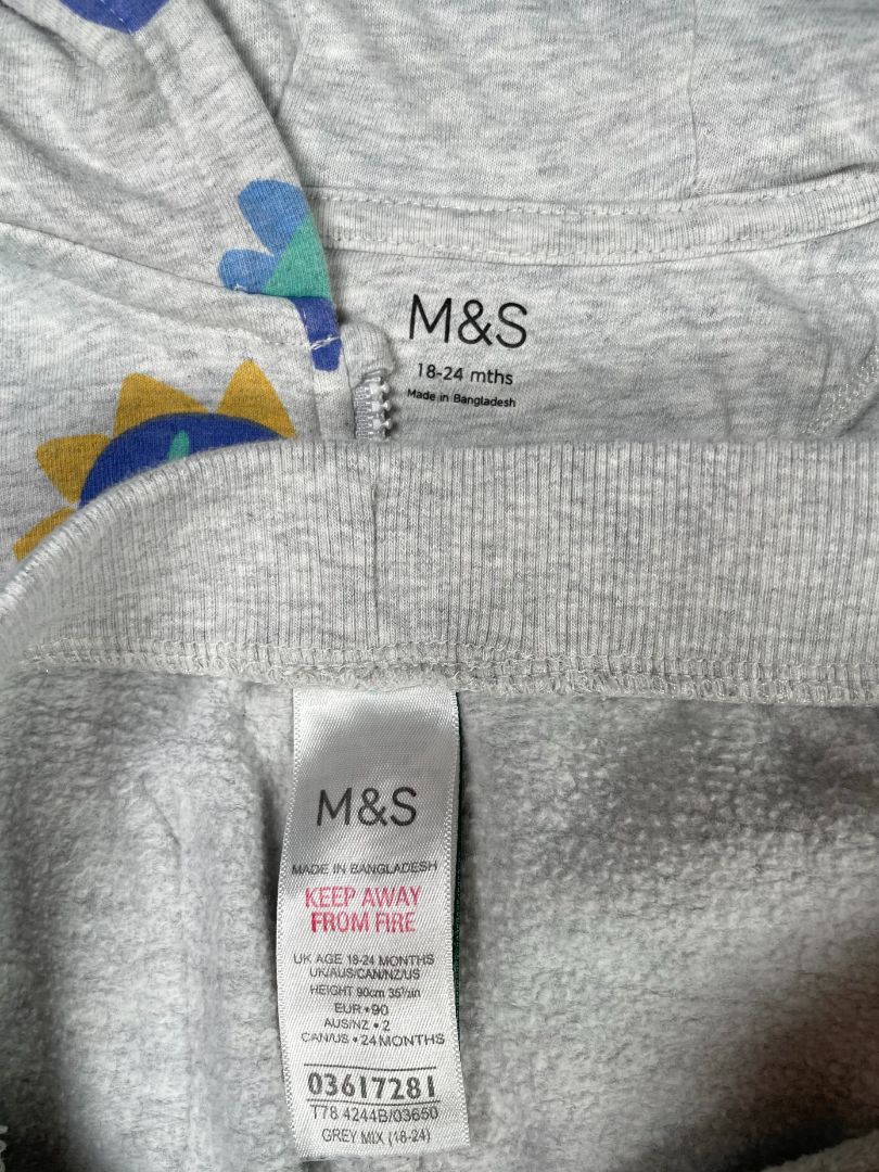 18-24 mo, M&S, Grey, Blue/green dinosaur zip-up hoodie + drawstring sweatpants SET
