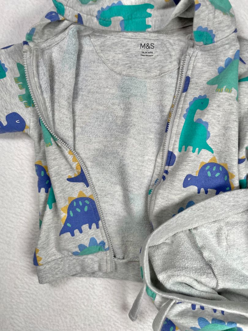 18-24 mo, M&S, Grey, Blue/green dinosaur zip-up hoodie + drawstring sweatpants SET