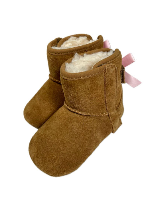 Size 4-5, UGG, Brown, Suede boots, wool blend lining, 2 hook-and-loop closures, pink bows on back