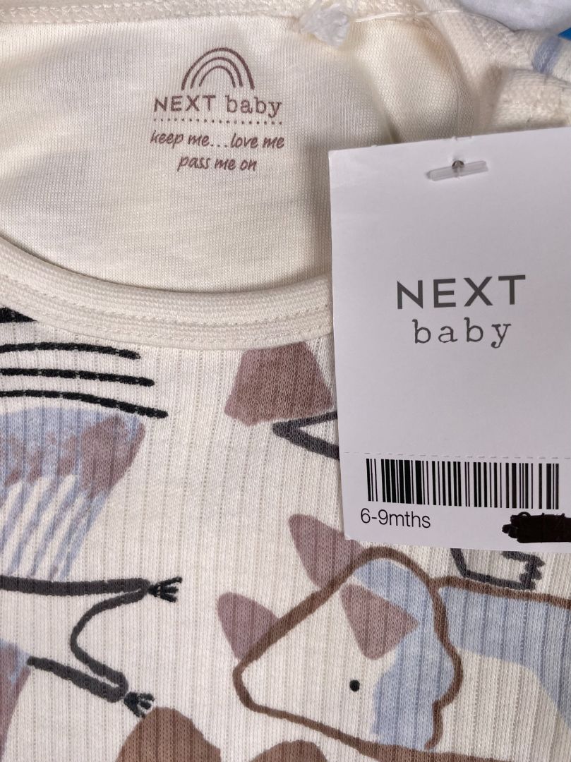 6-9 mo, Next, Cream, NEW w/ tags - Dinosaur print long-sleeve ribbed pullover