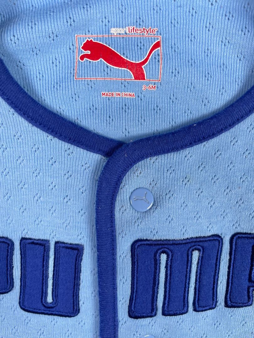 3-6 mo, PUMA, Blue, Pointelle snap-up cardigan, blue piping, embroidered logo & stars