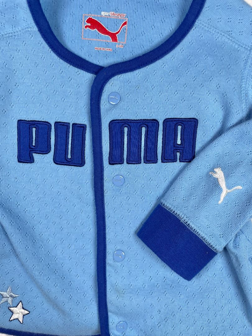 3-6 mo, PUMA, Blue, Pointelle snap-up cardigan, blue piping, embroidered logo & stars
