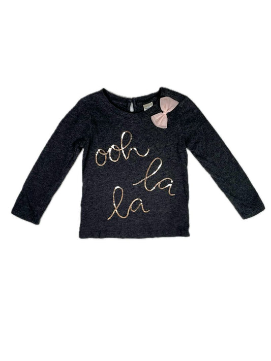 2/2T, OshKosh B'Gosh, Grey, Sequin "Ooh La La" long-sleeve shirt, pink tulle bow at shoulder