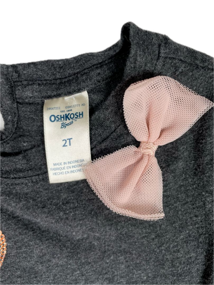 2/2T, OshKosh B'Gosh, Grey, Sequin "Ooh La La" long-sleeve shirt, pink tulle bow at shoulder