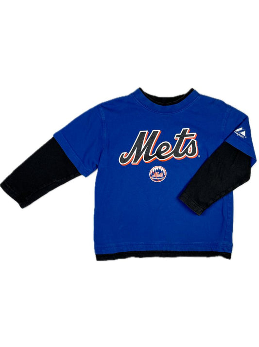 4/4T, Majestic for MLB, Blue, NY Mets long-sleeve t-shirt, faux double layer, black