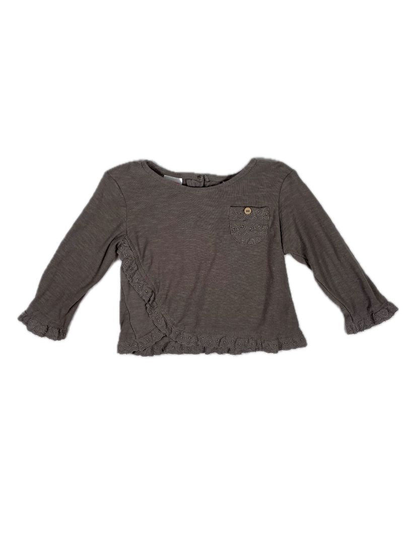 3-6 mo, Zara, Grey, Lace-trimmed long-sleeve shirt, button on lace front pocket