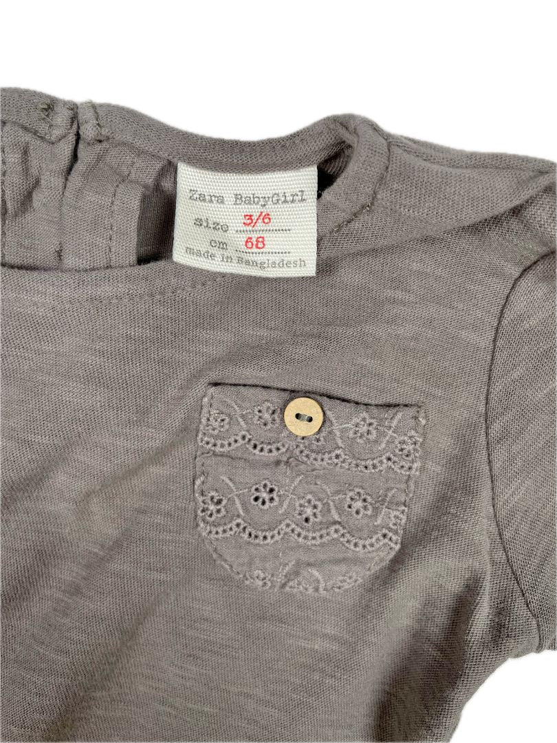3-6 mo, Zara, Grey, Lace-trimmed long-sleeve shirt, button on lace front pocket