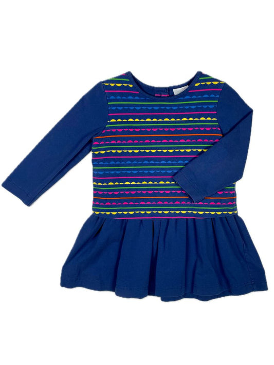 3/3T, Florence Eiseman, Blue, Drop waist long-sleeve dress, scallop striped top, green/pink/yellow, cotton + stretch