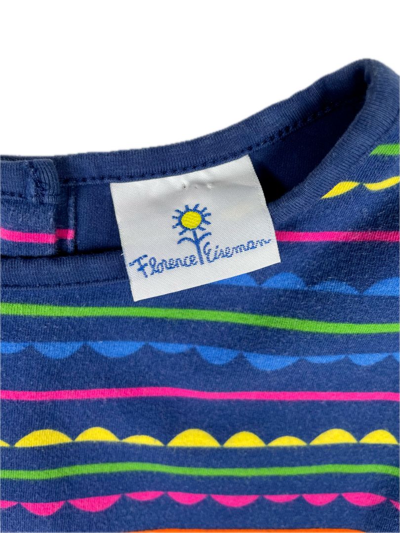 3/3T, Florence Eiseman, Blue, Drop waist long-sleeve dress, scallop striped top, green/pink/yellow, cotton + stretch