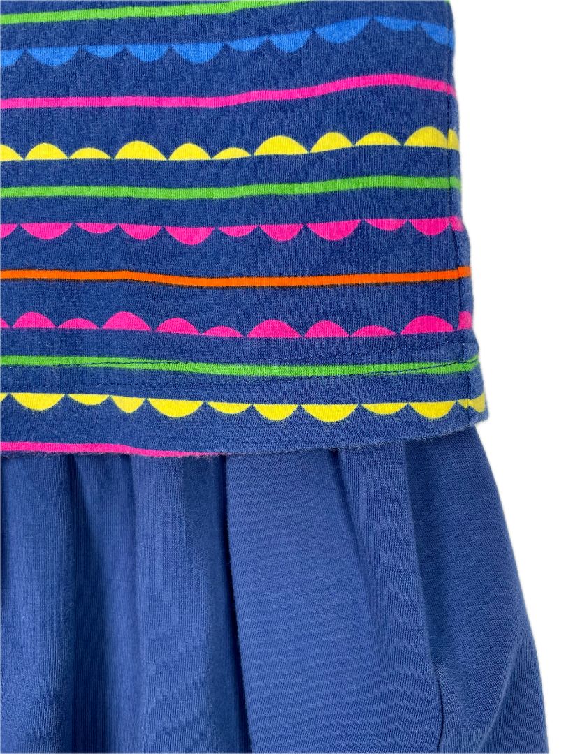 3/3T, Florence Eiseman, Blue, Drop waist long-sleeve dress, scallop striped top, green/pink/yellow, cotton + stretch