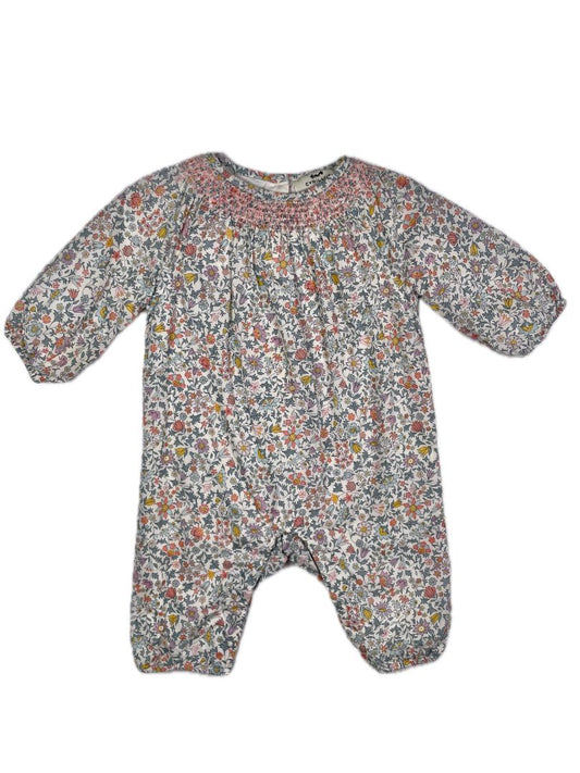 3 mo, Cyrillus, Cream, Liberty fabric floral jumpsuit, smocked neckline, snap legs