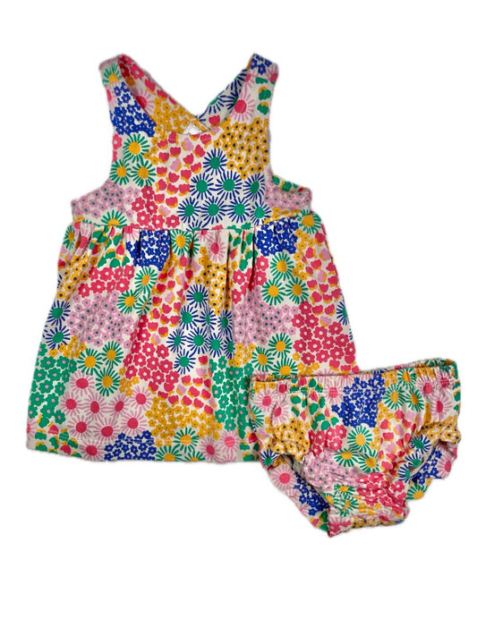 6-12 mo, Hanna Andersson, Cream, Floral crossback dress + bloomers SET, pink/blue/green/orange