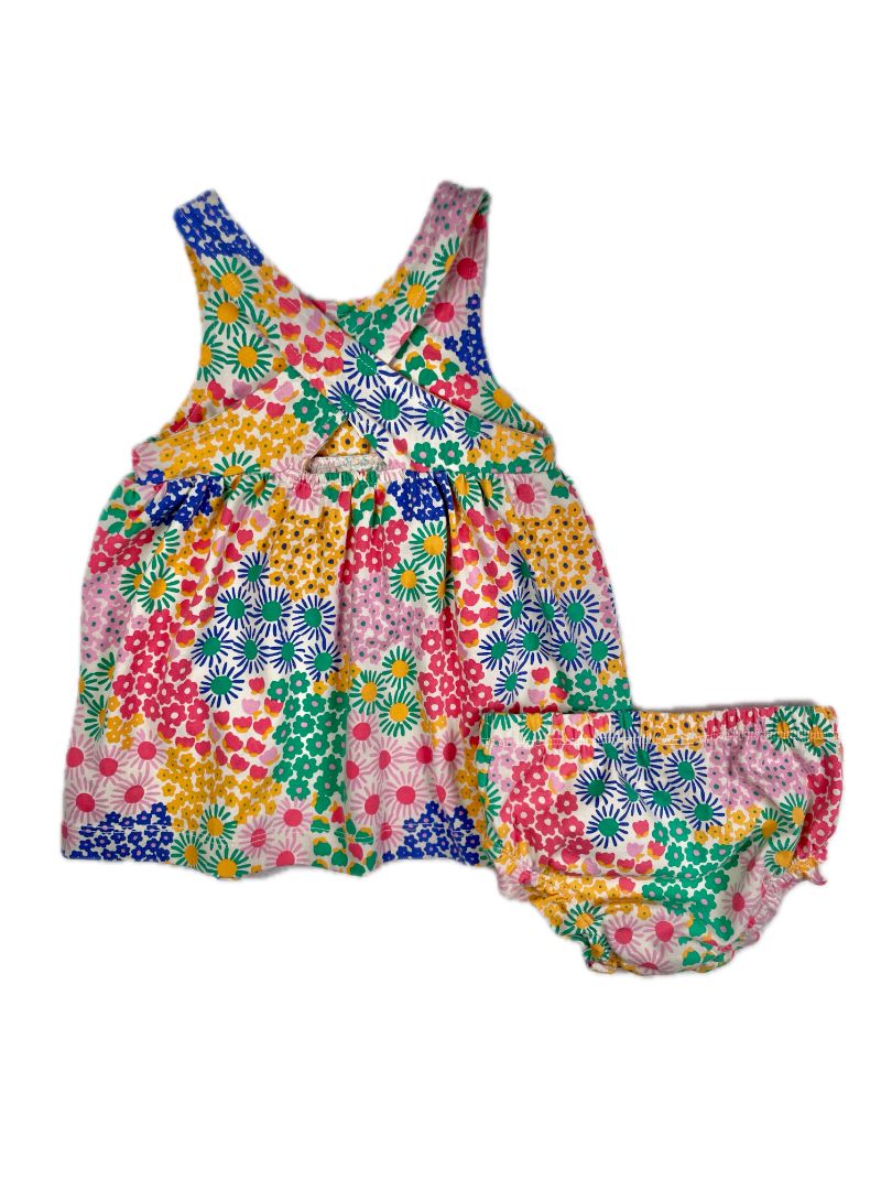 6-12 mo, Hanna Andersson, Cream, Floral crossback dress + bloomers SET, pink/blue/green/orange