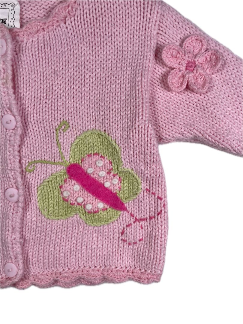 12 mo, Art Walk, Pink, Butterflies cotton button-up sweater, appliqué flowers