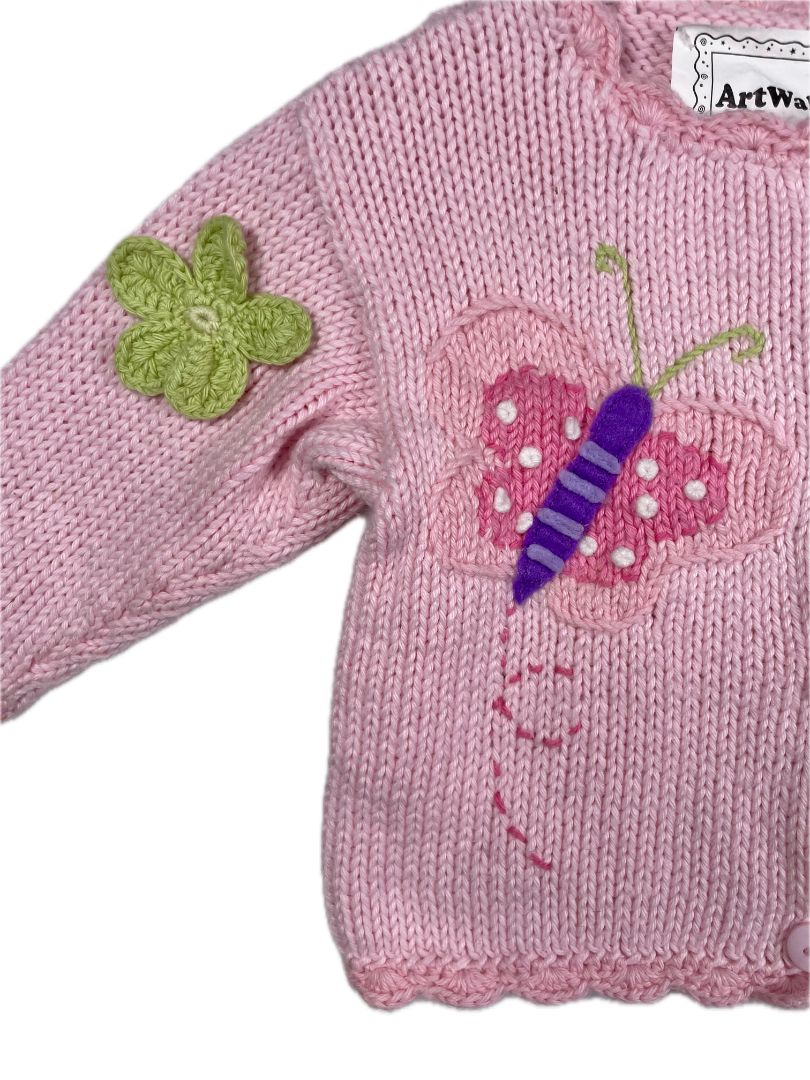 12 mo, Art Walk, Pink, Butterflies cotton button-up sweater, appliqué flowers