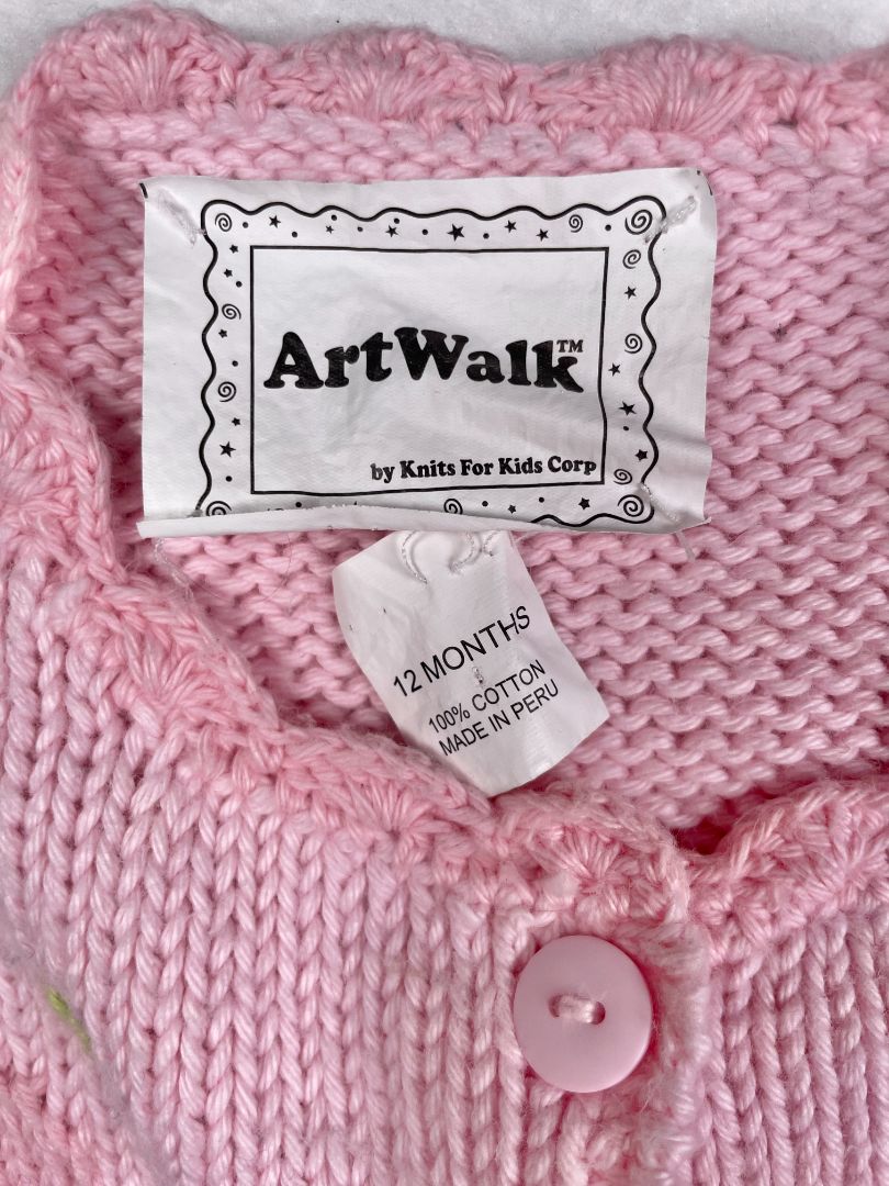 12 mo, Art Walk, Pink, Butterflies cotton button-up sweater, appliqué flowers