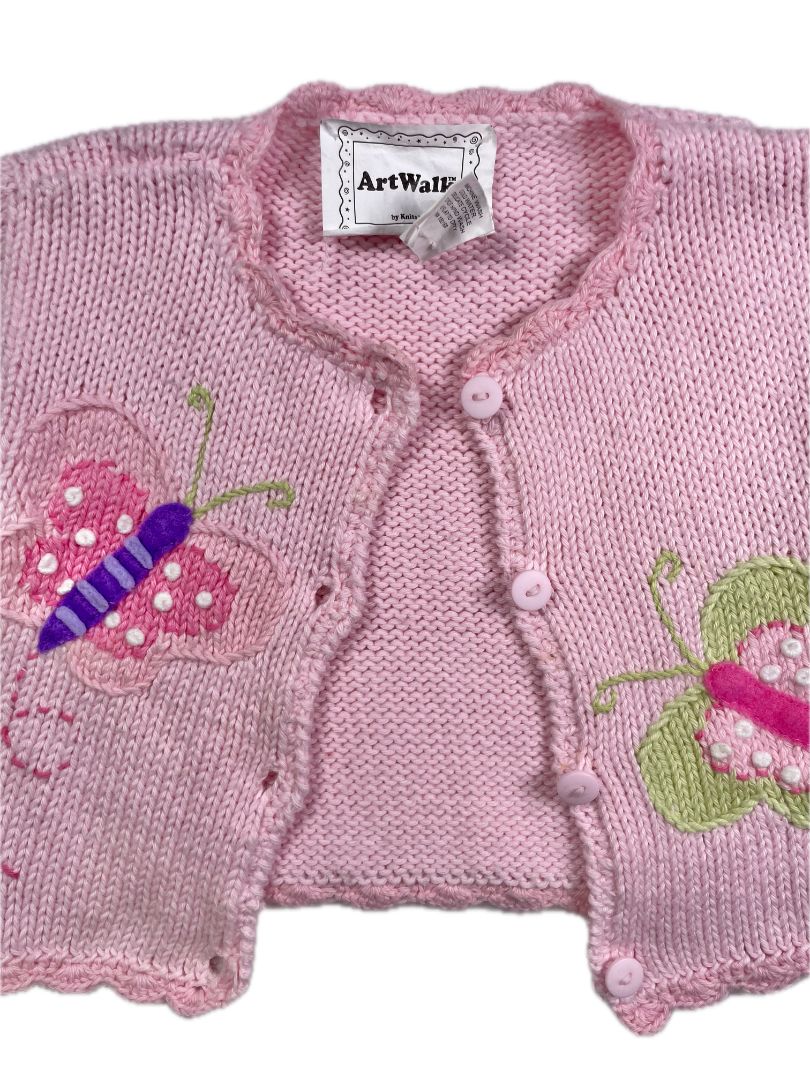 12 mo, Art Walk, Pink, Butterflies cotton button-up sweater, appliqué flowers