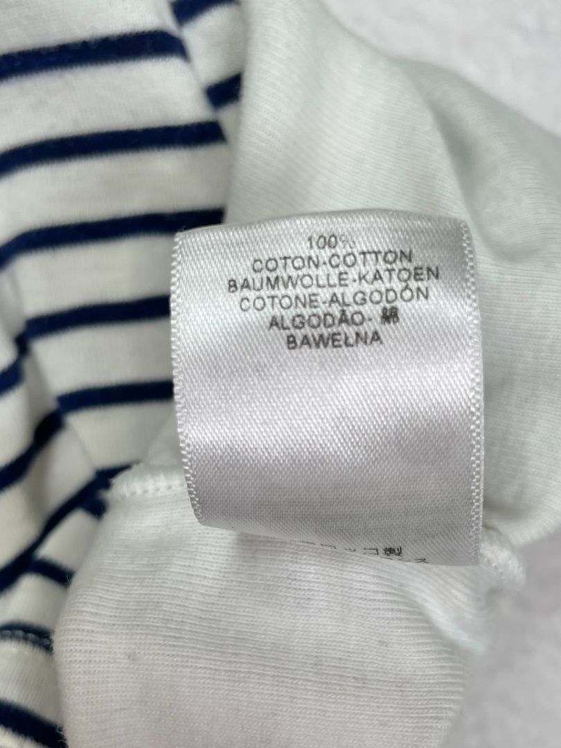 3 mo, Petit Bateau, White, Short-sleeve navy striped layered bodysuit w/ puppy