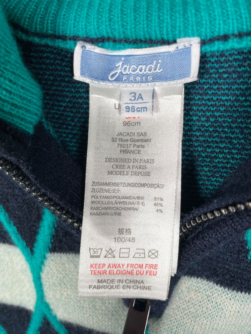 3/3T, Jacadi, Blue, Quarter-zip sweater, teal diamonds & white stripes