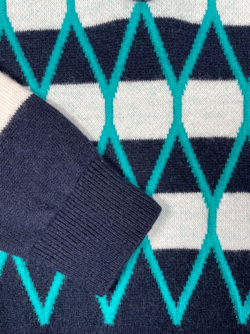 3/3T, Jacadi, Blue, Quarter-zip sweater, teal diamonds & white stripes