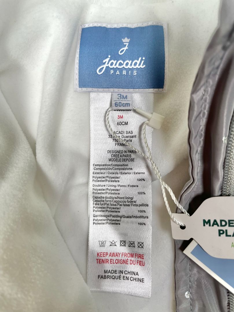 3 mo, Jacadi, Grey, NEW w/ tags - silver polka dot hooded snowsuit, cozy lining, fold-over mitts, scallop edge