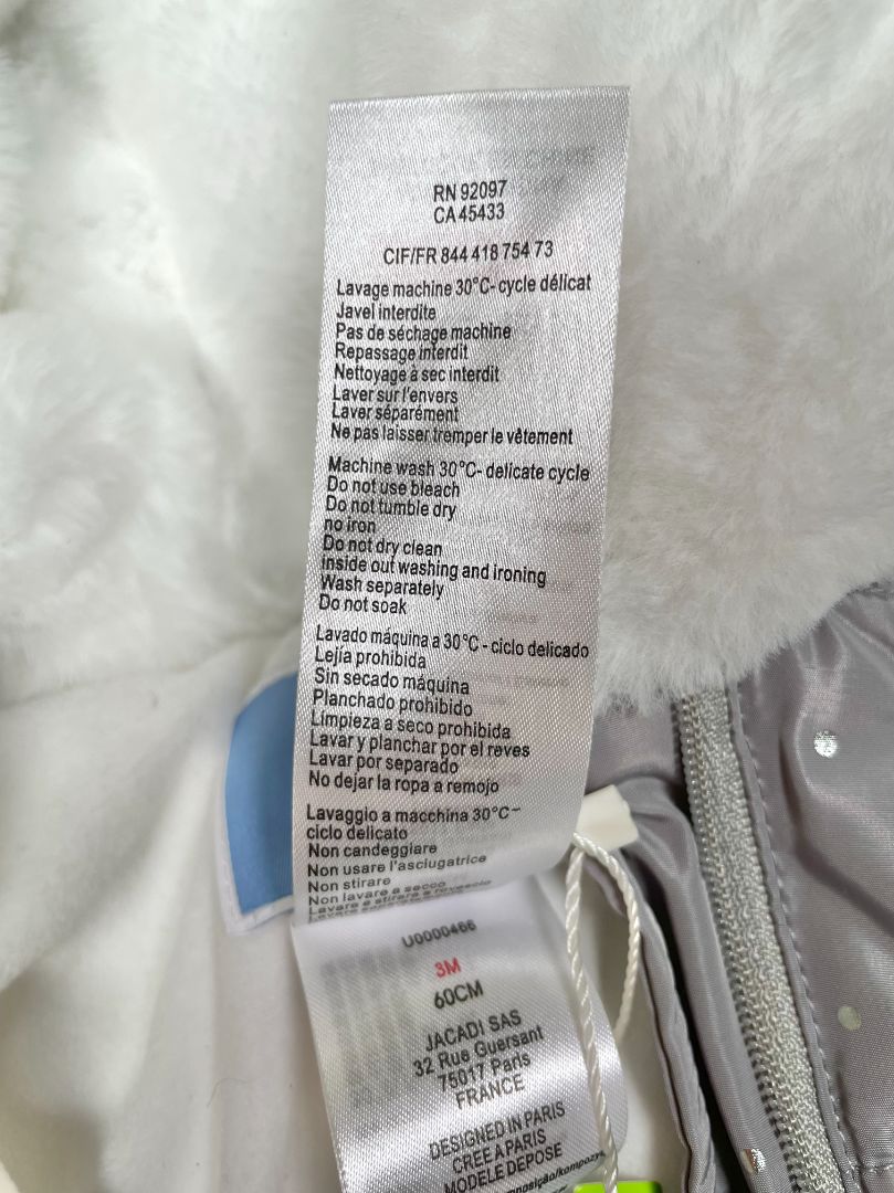 3 mo, Jacadi, Grey, NEW w/ tags - silver polka dot hooded snowsuit, cozy lining, fold-over mitts, scallop edge