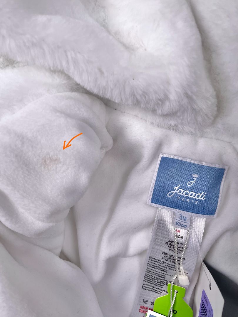 3 mo, Jacadi, Grey, NEW w/ tags - silver polka dot hooded snowsuit, cozy lining, fold-over mitts, scallop edge