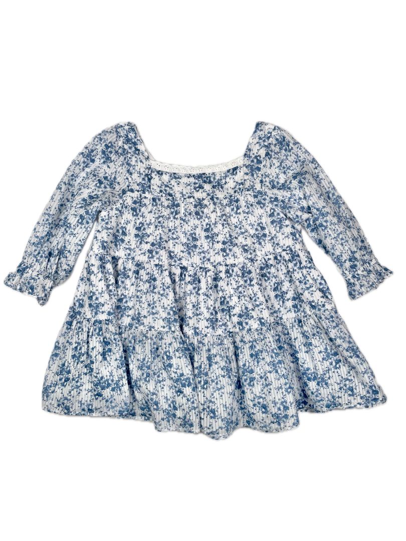 4/4T Pastourelle by Pippa & Julie, Blue, 3/4 sleeve floral tiered dress