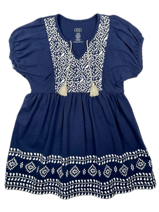 4/4T EGG New York, Blue, Short-sleeve tassel v-neck white print dress