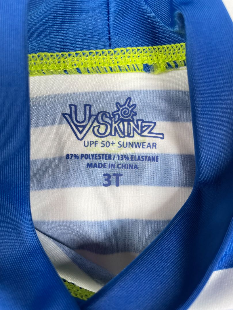 3/3T UV Skinz, Blue, Striped rash guard blue/white/green