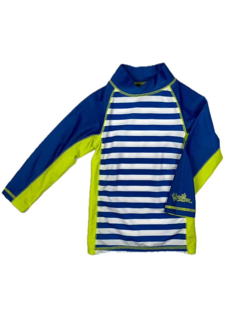 3/3T UV Skinz, Blue, Striped rash guard blue/white/green