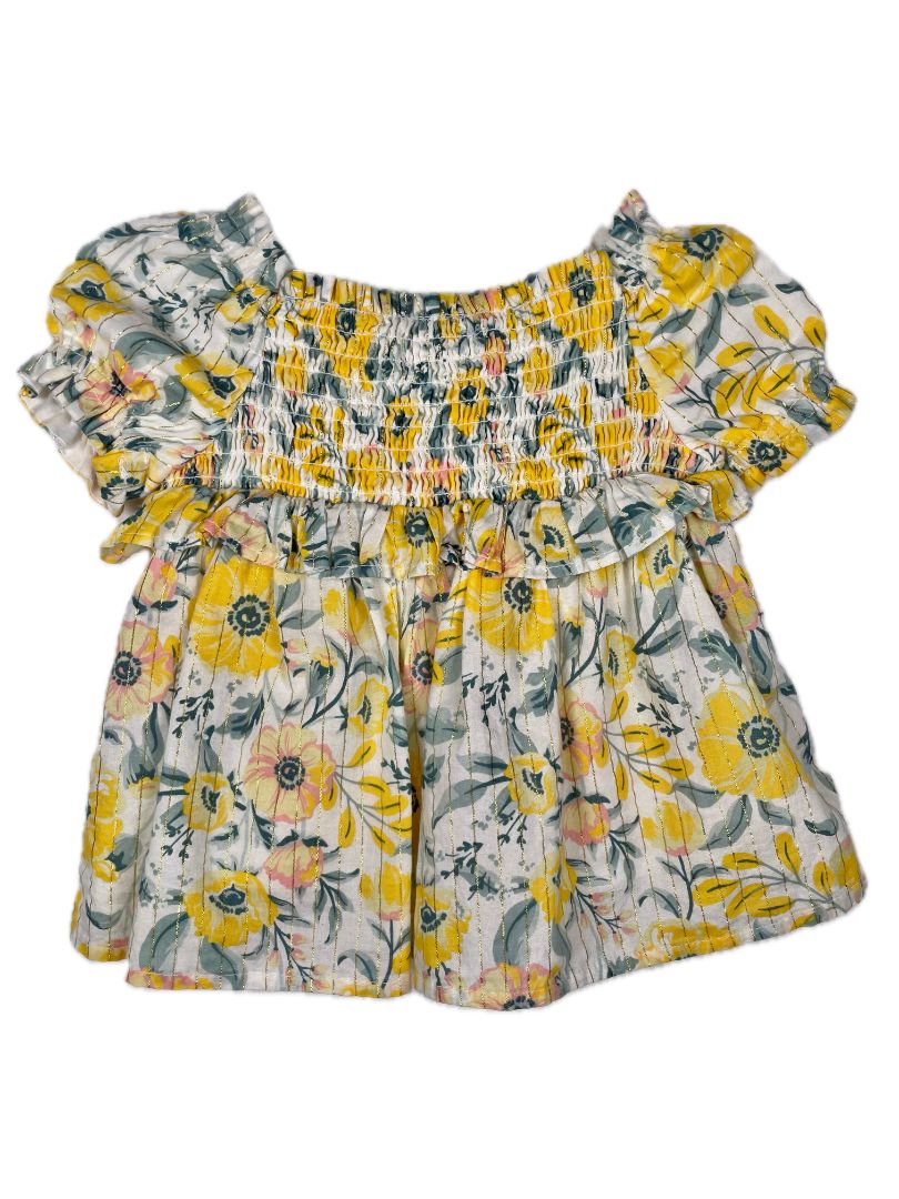 3-6 mo Cupcakes and Cashmere, Yellow, Short-sleeve smocked ruffle floral dress