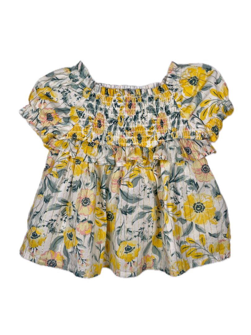 3-6 mo Cupcakes and Cashmere, Yellow, Short-sleeve smocked ruffle floral dress