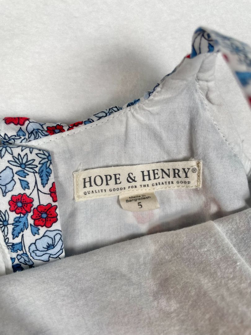 5/5T Hope & Henry, Blue, Floral swing tank straps with ruffle neckline blue/red/white