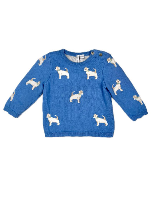 6-12 mo Janie and Jack, Blue, Dog print sweater with button shoulder